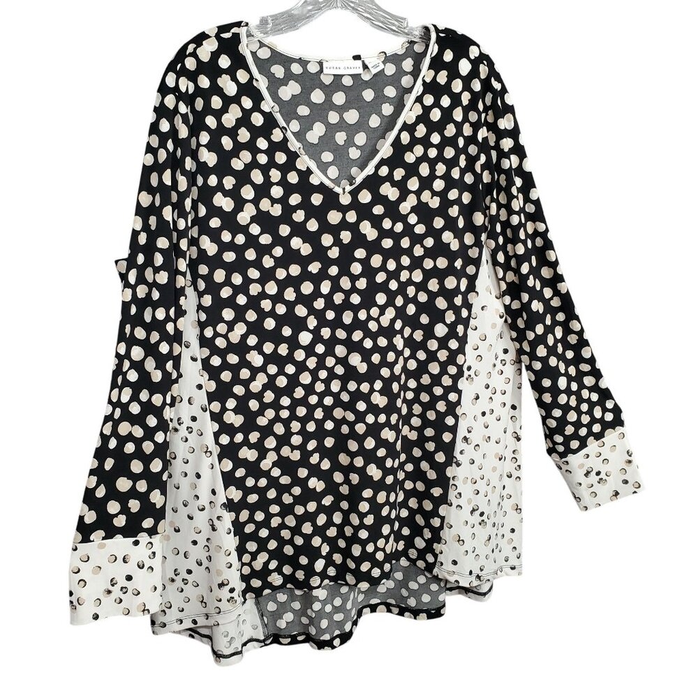 Susan Graver XL Tunic Top Polka Dot V Neck Liquid Knit Long Sleeve Flared Hem - Picture 1 of 11